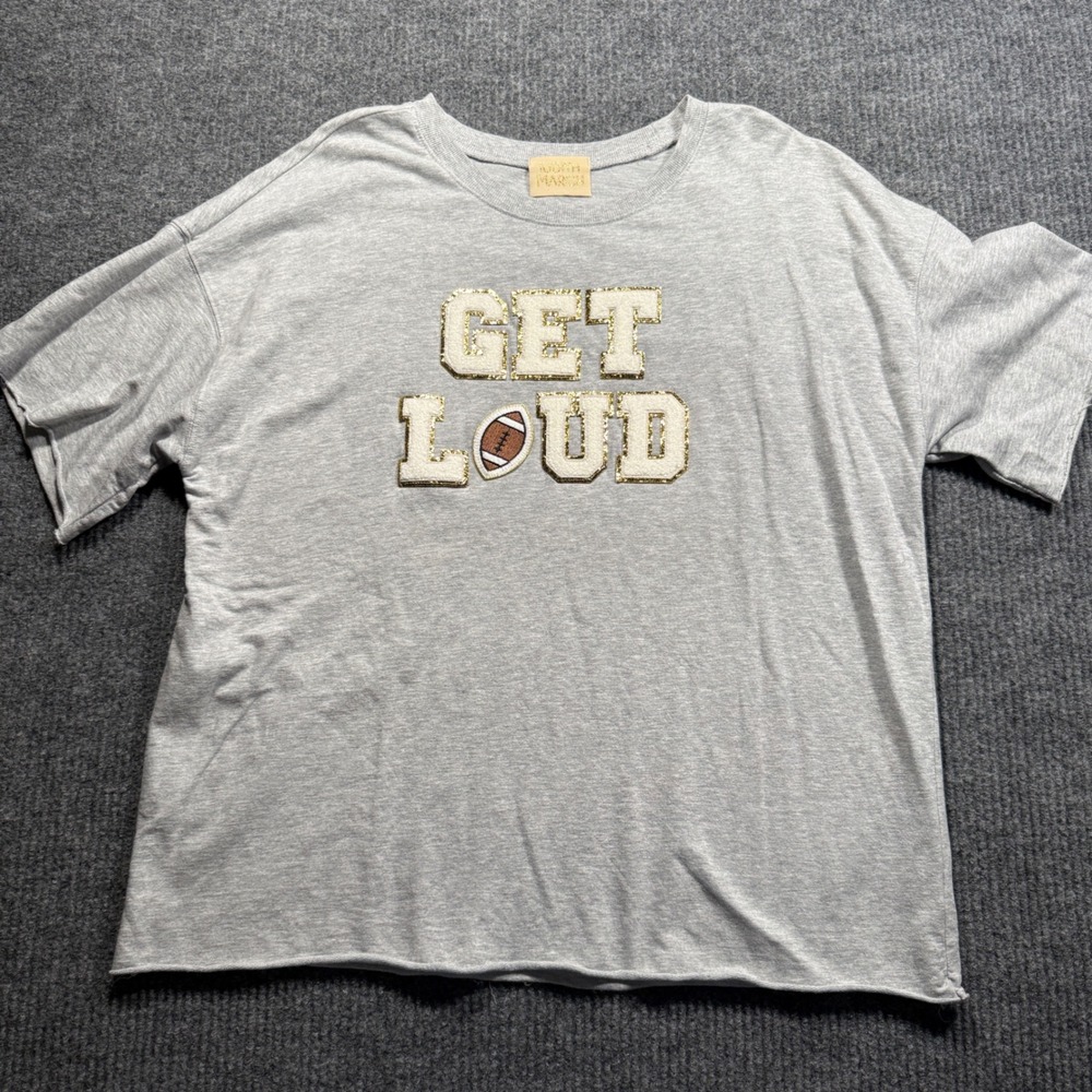 Judith March Top Tee Womens Medium Gray Football Get Loud Chenille Patch